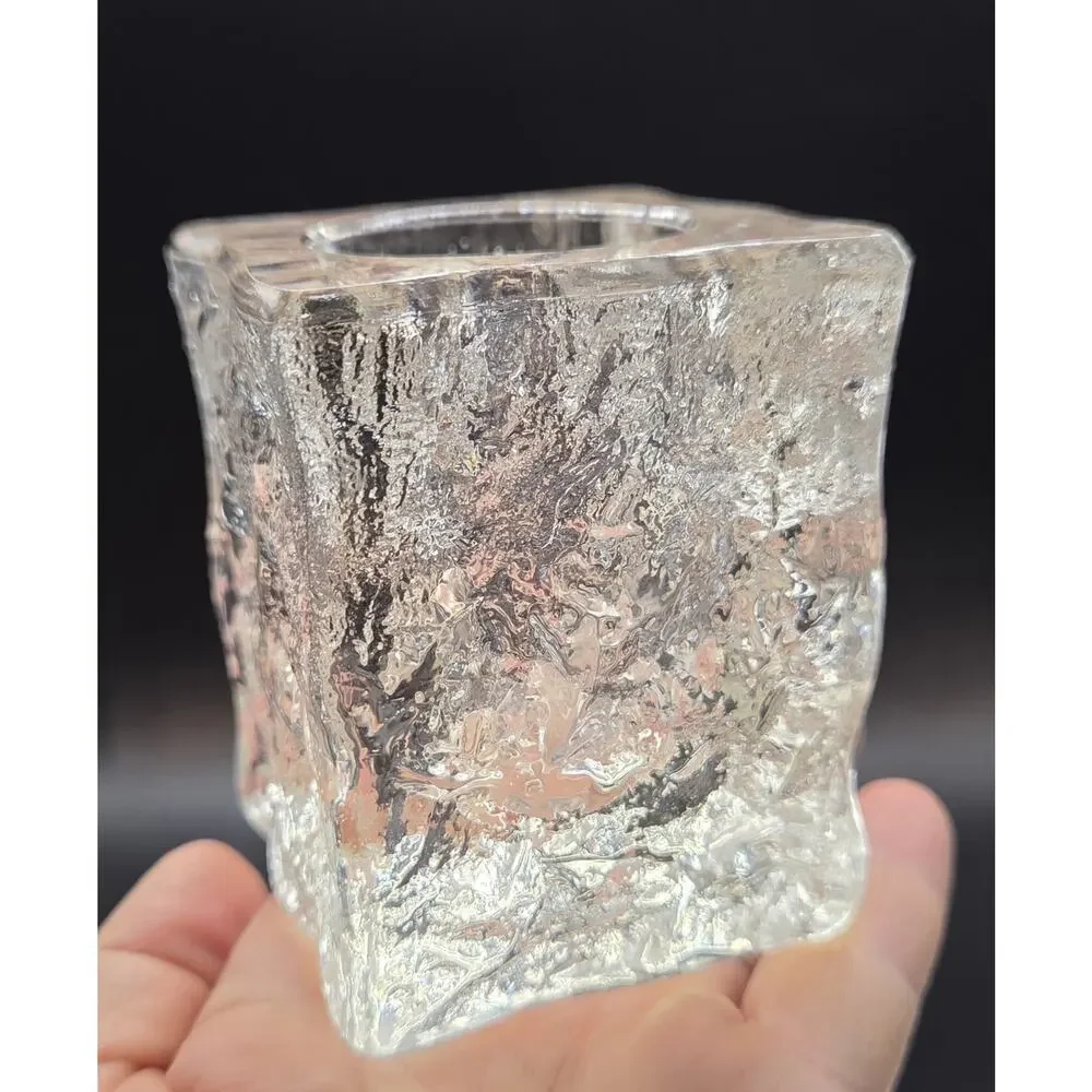 Vintage MCM Iced Glass Cube Tea Light Candle Holder Likely Finnish Scandinavian